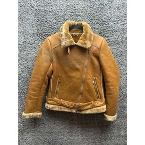 Robert Phillipe Faux Shearling & Leather Motorcycle Jacket Brown Women's Size M